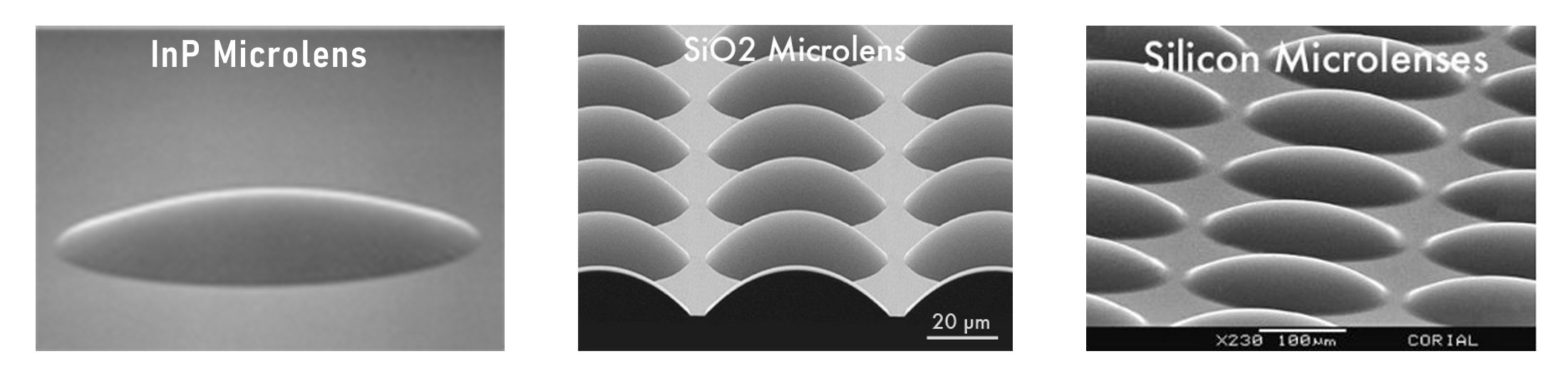 Indium Phosphide InP, Silicon Si, and Silicon Oxide SiO2 Microlens SEM Images